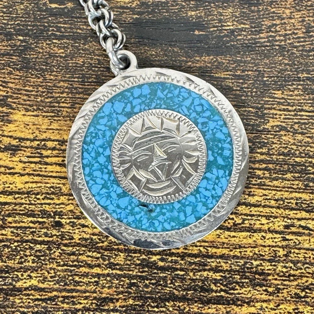 Vintage Alpaca Mexico Turquoise Inlay Sun Face Keychain Southwest Silver Tone
